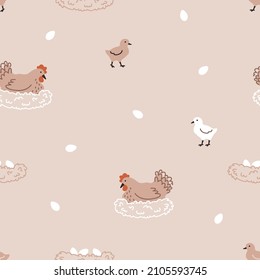 Seamless pattern with hen, chicken, chick and nest with eggs. Chicken farm. Cartoon. Cozy vector illustration. Beige background.