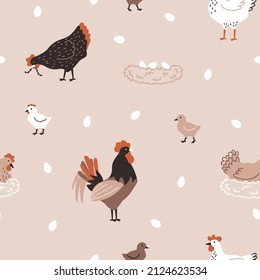 Seamless pattern with hen, chicken, chick, rooster and nest with eggs. Chicken farm. Cartoon. Cozy vector illustration. Beige background.