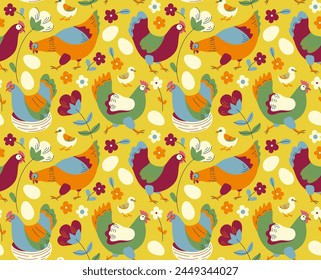 Seamless pattern with hen, chicken, chick, nest, eggs and flowers. Funny vector fabric print