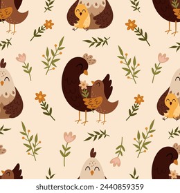 Seamless pattern with hen, chicken, floral in cartoon flat style. Happy Mothers day digital paper perfect for scrapbook paper, decor, background, fabric. Hand drawn vector pattern