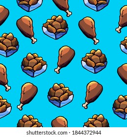 Seamless pattern of hen and chicken legs on a blue background, meal, food, tasty, snack, cartoon style, print, decoration, wallpaper, gift paper, celebration, for clothes, fabric, backdrop, cloth, joy