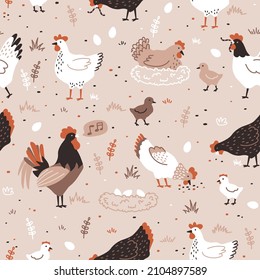 Seamless pattern with hen, chicken, rooster and nest with eggs. Chicken farm. Cartoon. Cozy vector illustration.