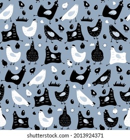 Seamless pattern with hen and chicken simple illustrations, perfect for textile, paper print, easter or else. Scandinavian retro vector vintage style design.