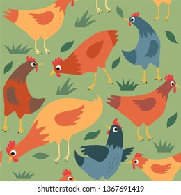 Seamless pattern with hen and chickens on green background. Vector illustration.