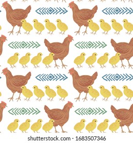 Seamless pattern of hen and chicks with ethnic ornament elements. Repeatable textile vector print, wallpaper design.