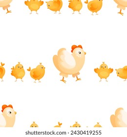 Seamless pattern with hen and chicks on a walk. The hen and the chickens follow her, dear family. Poultry farm, Easter chickens. Poultry with a brood. Textile design, packaging