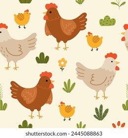 Seamless pattern with hen, cute chicks, flowers and leaves for your fabric, children textile, apparel, nursery decoration, gift wrap paper. Vector illustration