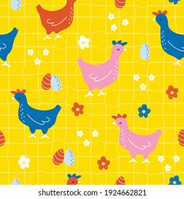 Seamless pattern with hen and eggs. Funny colorful print. Vector hand drawn illustration.