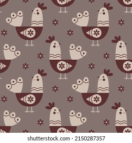 Seamless pattern with hen and flower. Vector repeat ornament. Useful for wallpaper, wrapping, fabric, textile, scrap, pack and digital paper.