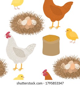 Seamless pattern hen rooster hen feed the nest eggs vector illustration