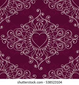 Seamless pattern with henna hearts tattoo. Mehndi elements for tattoo design, card backgrounds, print on clothes or else. Vector hearts for Valentines day