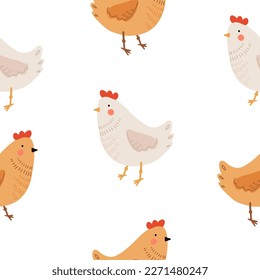 Seamless pattern with hens. Chicken with brood. Cute lovely family of domestic fowl or poultry birds. Childish flat cartoon vector illustration.