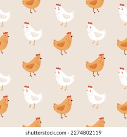 Seamless pattern with hens. Chicken with brood. Cute lovely family of domestic fowl or poultry birds. Childish flat cartoon vector illustration.