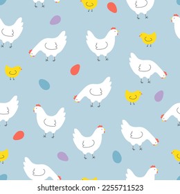 Seamless pattern with hens, chickens and eggs. Background for Easter, decor, invitation, cards. Vector illustration