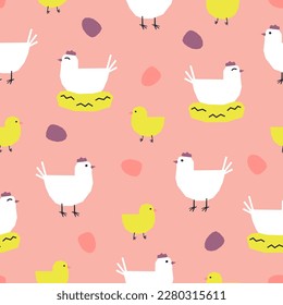 Seamless pattern with hens, chickens and eggs. Cutout colorful elements on pink background. Vector illustration