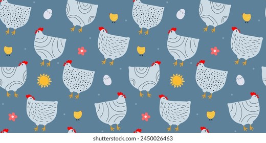 Seamless pattern with hens and chickens, eggs. Abstract pattern with poultry. Vector graphics.