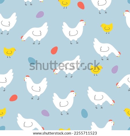 Seamless pattern with hens, chickens and eggs. Background for Easter, decor, invitation, cards. Vector illustration