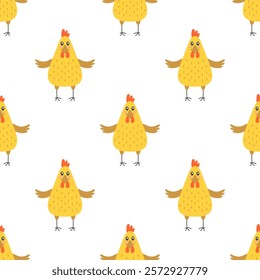 seamless pattern with hens, cute chicken  background, wallpaper of domestic fowl or poultry birds, childish flat easter vector illustration