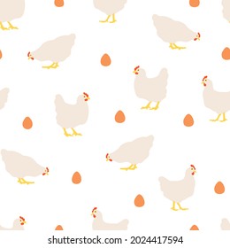 Patrón sin foco con gallinas y huevos sobre fondo blanco. Pollos blancos repitiendo la impresión.