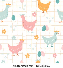 Seamless pattern with hens and eggs. Pastel Easter print. Vector hand drawn illustration.