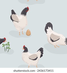 Seamless pattern with hens on a light background. Chickens, eggs and clover. Vector background illustration.