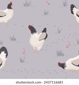 Seamless pattern with hens on a light background. Vector background illustration.