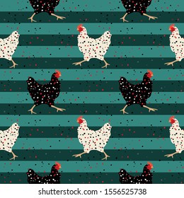 Seamless pattern with hens on a striped background. Stylized chicken. Wallpaper, print, packaging, paper, fabric, textile design. Vector illustration.
