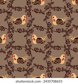 seamless pattern with hens and ornament. Vector design for paper, fabric and other surface.