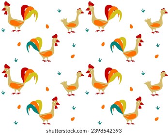 Seamless pattern with hens and roosters