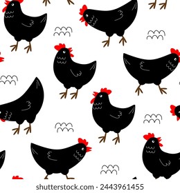 Seamless pattern with hens, roosters. Abstract print with poultry. Vector graphics.