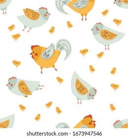 Seamless pattern with hens, roosters and chickens with a hand-drawn pattern on the wings. Cute birds in different poses. Vector illustration