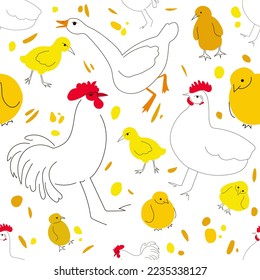 Seamless pattern of hens, roosters, chickens, and geese in doodle style. Pattern of farm animals. Vector illustration.