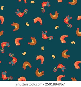 Patrón sin fisuras con gallinas y gallos. Diseño para tela, textiles, Fondo de pantalla, embalaje.