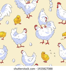 Seamless pattern with hens and roosters. Vector illustration