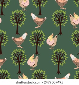 seamless pattern with hens and trees. Vector design for paper, fabric and other surface.