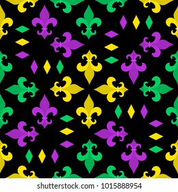 Seamless pattern with heraldic fleur de lis flowers. Vector background for the Mardi Gras festival