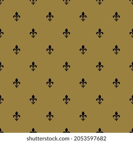 Seamless pattern with heraldic fleur de lis symbol. Small black silhouettes on gold background.