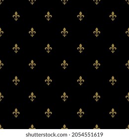 Seamless pattern with heraldic fleur de lis symbol. Small golden silhouettes on black background.
