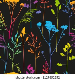 Seamless pattern with herbal silhouettes on dark background