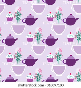 seamless pattern with herbal tea, cupcake and teapot
