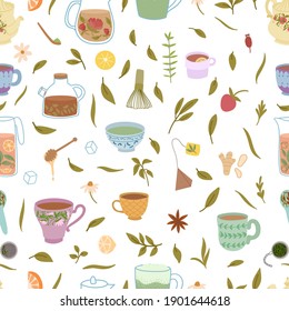 Seamless pattern of herbal tea isolated on white background. Vector hand drawn illustration.