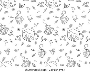 Seamless pattern with herbal tea. Line drawn sketch of cup, teapot, leaves, lemon, ginger. Healthy natural hot seasonal drink. Cozy doodle beverage background