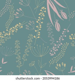 Seamless pattern of herbal umbrellas on a gray-emerald background.