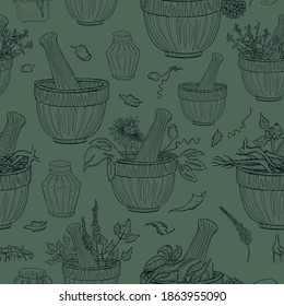 Seamless Pattern with Herbals Parts and Mortar, Jars and Vials. Dark Handdrawn Herbals and Objects Placed on the Dark Green Background. Alternative Medicine Background.