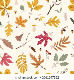 Seamless pattern with herbarium - autumn leaves, dry branches with pieces of tape, mushrooms. Colorful autumn fallen leaves. For prints, backgrounds, wrapping paper, textile, linen, wallpaper, etc. 