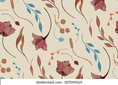 Seamless pattern with herbarium. Collection of herbs, twigs, dried flowers and leaves. Free, random layout. Vector illustration in vintage style.