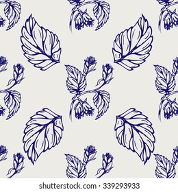Seamless pattern herbs. Ball pen hop vector background. Sketch hop plant seamless texture. Medicinal herbs seamless pattern. Hand drawn illustration for print, decoration, design, label, web, wrapping