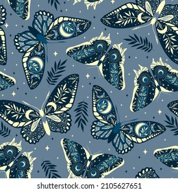 Seamless pattern with herbs. Boho magic background with space elements stars, butterflies. Vector doodle texture.