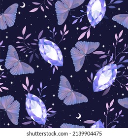 Seamless pattern with herbs, butterflies and violet gems. Magical pattern.