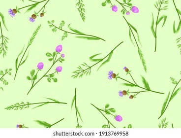 Seamless pattern with herbs and cereal grass. Floral ornament of meadow plants.